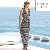 Pleated V Stripe Maxi Dress - Navy/Grey 