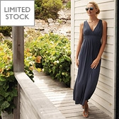 Pleated V Neck Maxi Dress - Navy 
