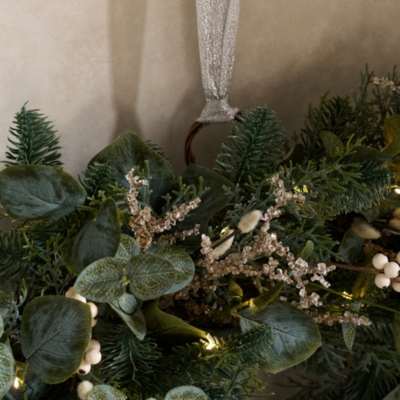 60cm Pre-Lit Frosted Eucalyptus Wreath