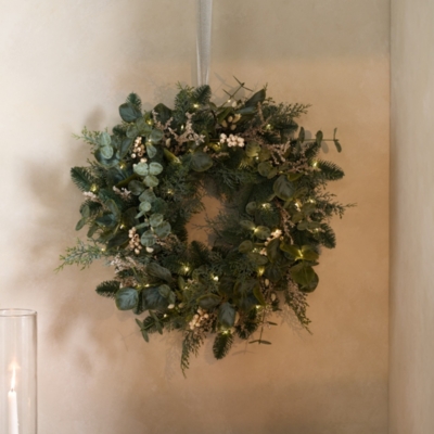 65cm Pre-Lit Frosted Eucalyptus Wreath