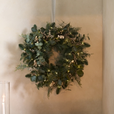 65cm Pre-Lit Frosted Eucalyptus Wreath