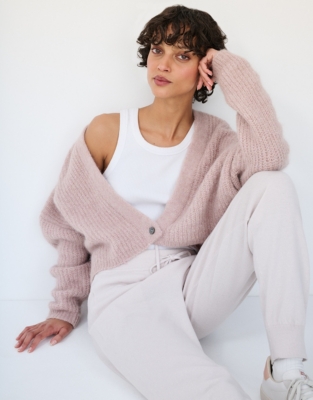 Alpaca Blend Ribbed Cardigan - Soft Rose