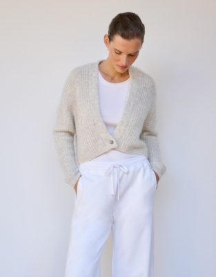 Alpaca Blend Ribbed Cardigan - Oyster