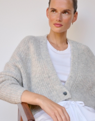 Alpaca Blend Ribbed Cardigan - Oyster