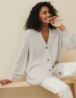 white company grey cardigan