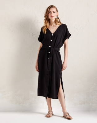 Belted Button Through Dress With Linen 