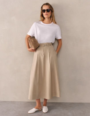 Belted Chino Midi Skirt