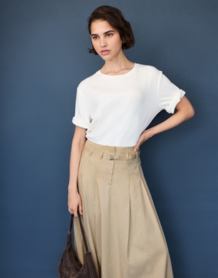 Belted Chino Midi Skirt
