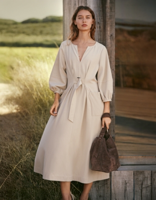 Belted Midi Dress with Patch Pockets