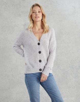 white company grey cardigan