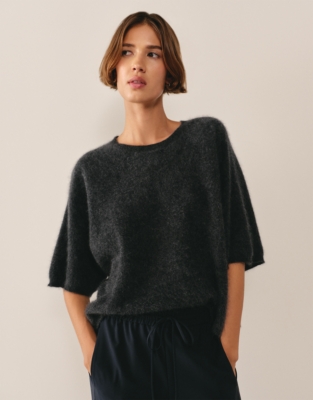 Brushed Cashmere Oversized Knitted T-shirt - Dark Charcoal Marl