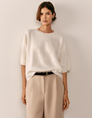 Brushed Cashmere Oversized Knitted T-shirt - Porcelain
