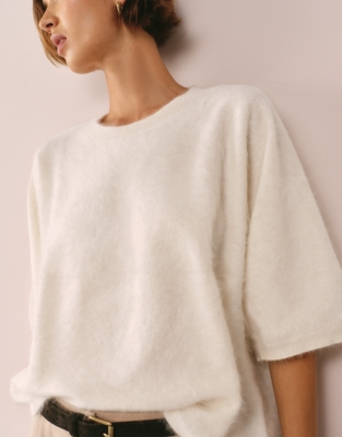 Brushed Cashmere Oversized Knitted T-shirt - Porcelain