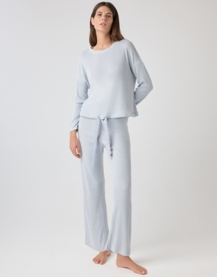 Brushed Jersey Rib Tie-Hem Pajama Set