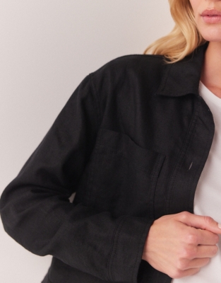 Button Through Linen Jacket - Black