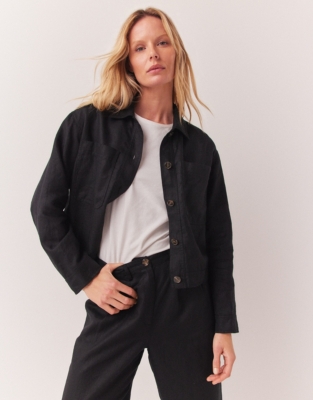 Button Through Linen Jacket - Black