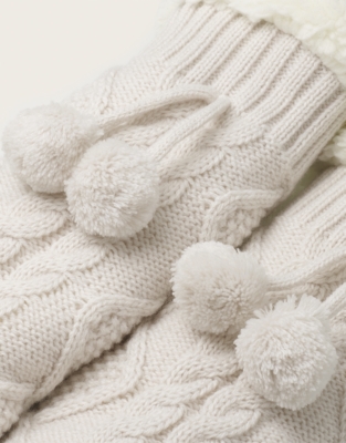 Cable-Knit Pom-Pom Slipper Socks