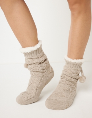 Cable Pom-Pom Slipper Socks