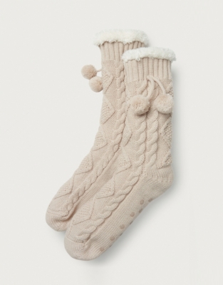 Cable Pom-Pom Slipper Socks