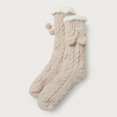 Cable Pom Slipper Socks