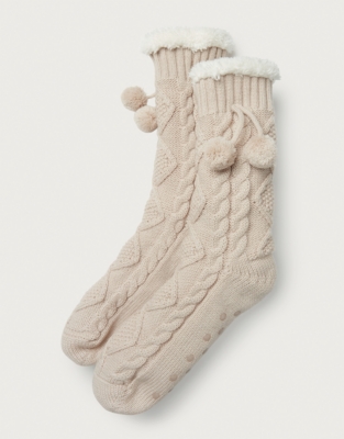 Cable Pom Slipper Socks