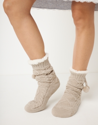Cable Pom Slipper Socks