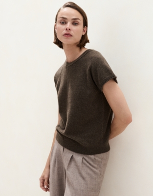 Cashmere Extended Shoulder Knitted T-shirt - Milk Chocolate Marl