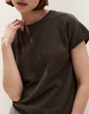 Cashmere Extended Shoulder Knitted T-shirt - Milk Chocolate Marl