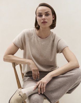 Cashmere Extended Shoulder Knitted T-shirt - Natural Marl