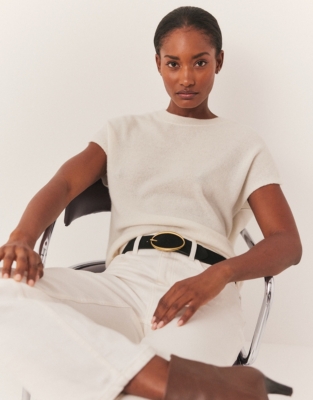 Cashmere Extended Shoulder Knitted Tee - Porcelain