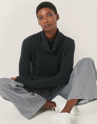 Cashmere Layering Funnel Neck Jumper - Dark Charcoal Marl