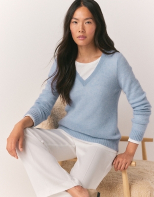 Grey Marl, Pure Cashmere V Neck Sweater