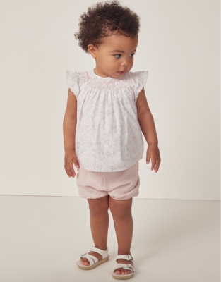 Celine Floral Organic Cotton Hand Smocked Blouse & Shorts Set (0–24mths)