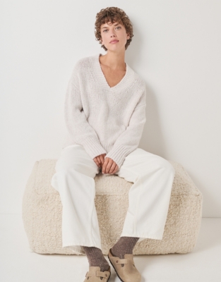 Chunky Rib Detail V-Neck Sweater with Silk