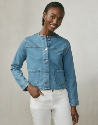 White collarless clearance denim jacket