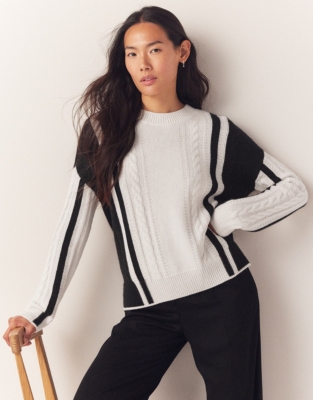 Colorblock Cable Sweater with Cashmere
