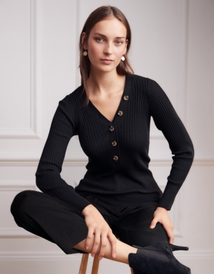 Contrast-Button V-Neck Rib Jumper | Clothing Sale | The White Company UK