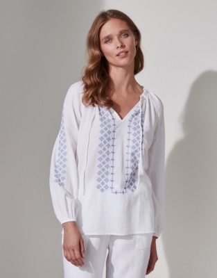 Contrast-Embroidered Organic-cotton Boho Blouse | The White Collection ...