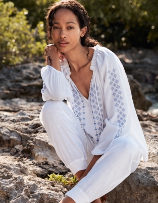 Contrast-Embroidered Organic-cotton Boho Blouse, Women's Shirts & Blouses