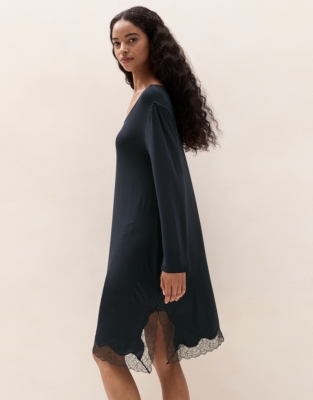 Cooling Jersey Long Sleeve Lace Hem Nightie - Midnight