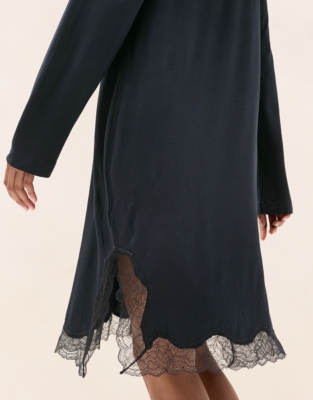Cooling Jersey Long Sleeve Lace Hem Nightie - Midnight