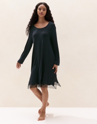 Cooling Jersey Long Sleeve Lace Hem Nightie - Midnight