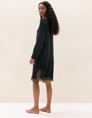Cooling Jersey Long Sleeve Lace Hem Nightie - Midnight