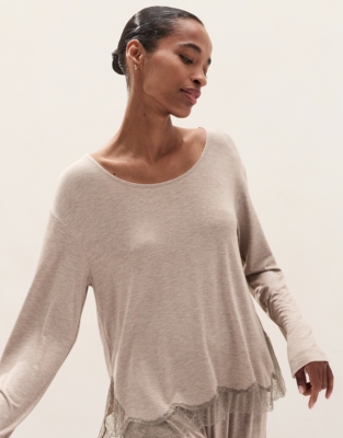 Cooling Jersey Long Sleeve Lace Hem Pyjama Set 