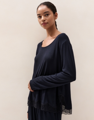 Cooling Jersey Long Sleeve Lace Hem Pyjama Set  - Midnight