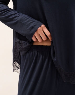 Cooling Jersey Long Sleeve Lace Hem Pyjama Set  - Midnight