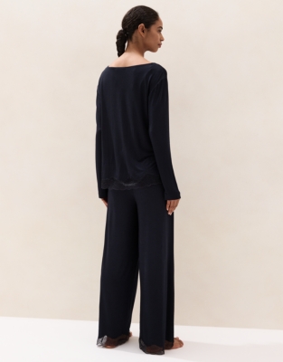 Cooling Jersey Long Sleeve Lace Hem Pyjama Set  - Midnight