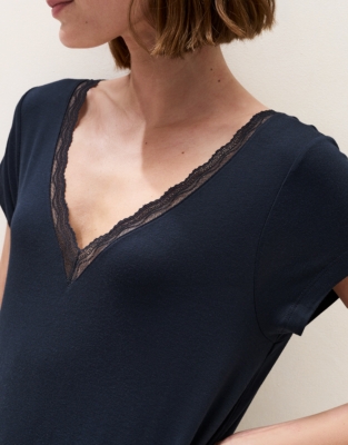Cooling Jersey V Neck Lace Trim Nightie