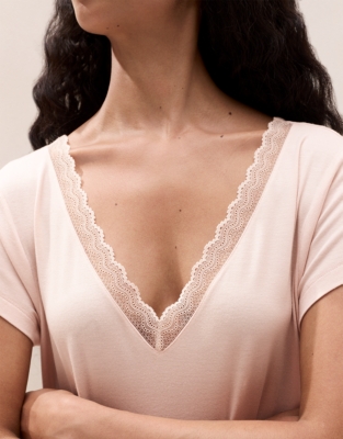 Cooling Jersey V Neck Lace Trim Nightie - Chalk Pink