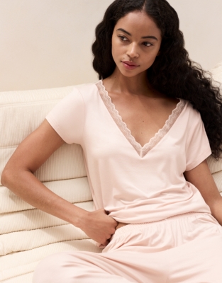 Cooling Jersey V Neck Lace Trim Pyjama Set